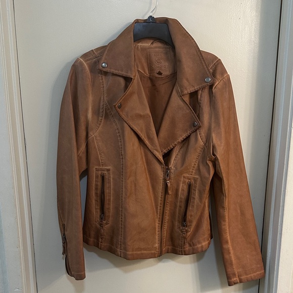 Max Studio Cognac Brown Genuine Leather Moto Jacket Asymmetrical Zip Size L